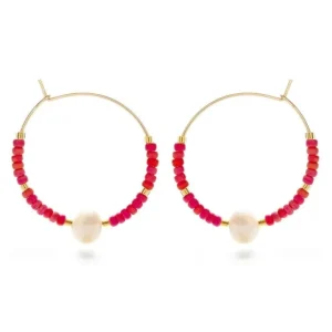 Daisy Bead Hoop Earrings - Rainbow Coral