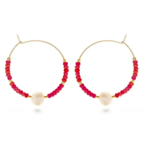 Daisy Bead Hoop Earrings - Rainbow Coral